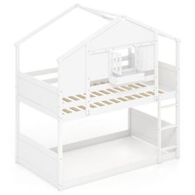 Twin Over Twin Bunk Bed for Kids with Roof and Lockable Window-White