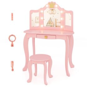 Kids Vanity Set with Tri-fold Lighted Mirror Detachable Top and Stool-Pink