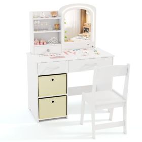 Kids Vanity Set with Lighted Mirror Makeup Desk and Chair Set with Drawers-White
