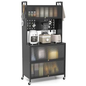 5 Tier Kitchen Bakers Rack with Lights Multifunctional Microwave Stand with Flip Door Cabinets-Black