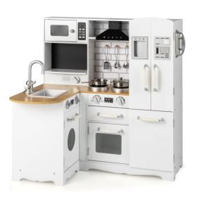 Wooden Kid's Corner Kitchen Playset with Stove for Toddlers-Natural & White