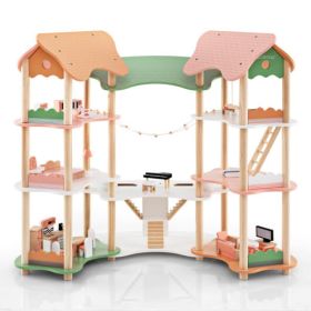3-Tier Wooden Dollhouse for Kids Aged 3-8 Years Old with 32 Pieces of Accessories-Multicolor