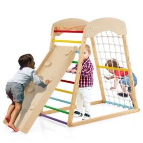 6-in-1 Jungle Gym Wooden Indoor Playground with Double-Sided Ramp and Monkey Bars-Multicolor