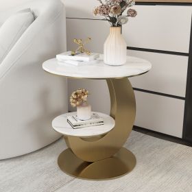 20" Round Sintered Stone 2-Tier Gold Moon-Shaped Side Table