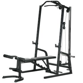Smith Machine, Multi-Functional Power Cage w/ Adjustable Bench, Barbell Bar, Cable Pulley System, 15-Level Squat Rack