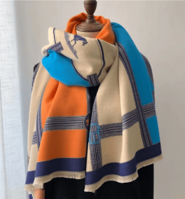 Winter Scarf Cashmere Shawl Women Color Blocked Horse Pattern Reversible Scarf With Tassel Pashmina Shawls And Wraps (Color: pink bule)